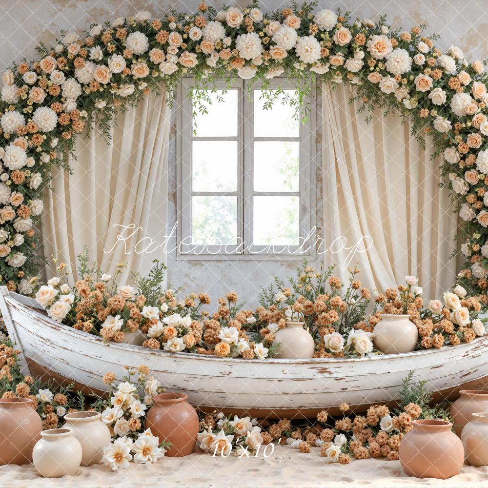 Kate Flower Arch Boat Window Vases Beige Floral Printed Backdrop Designed by Mini MakeBelieve