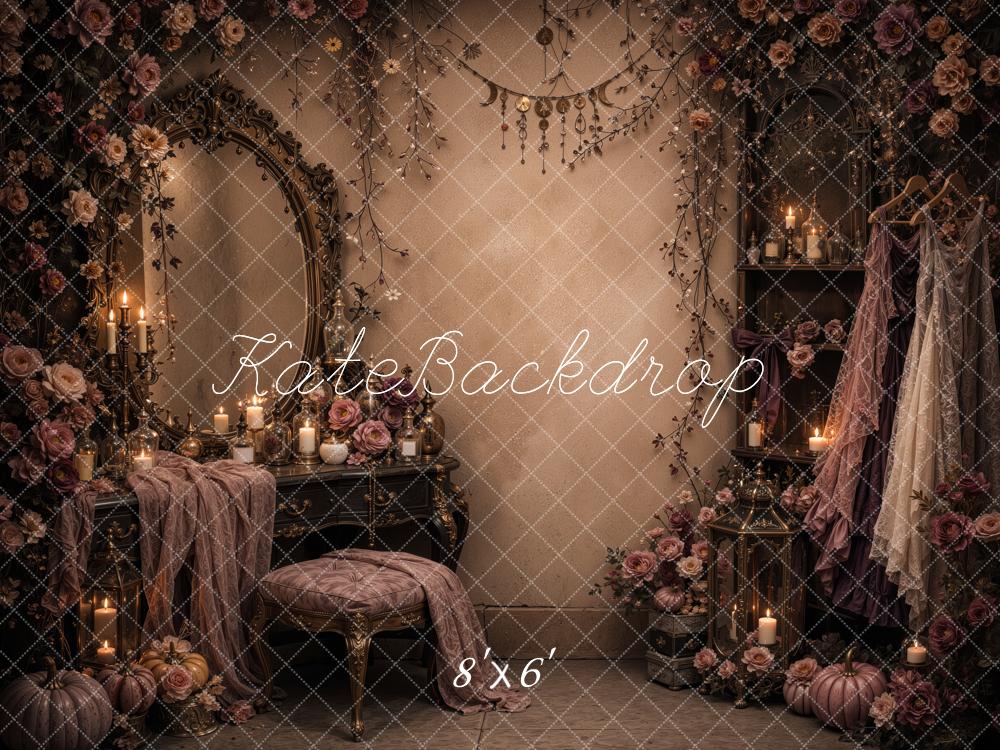 Kate Halloween Gothic Witches Dressing Room Mirror Floral Pumpkins Printed Backdrop Designed by Jordan Moon