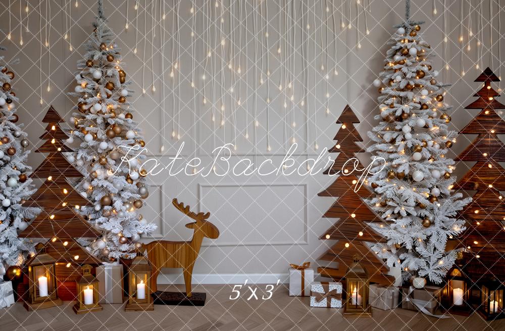 Kate Christmas Trees Wooden Reindeer Lanterns Printed Backdrop Designed by Fantasyphotoart