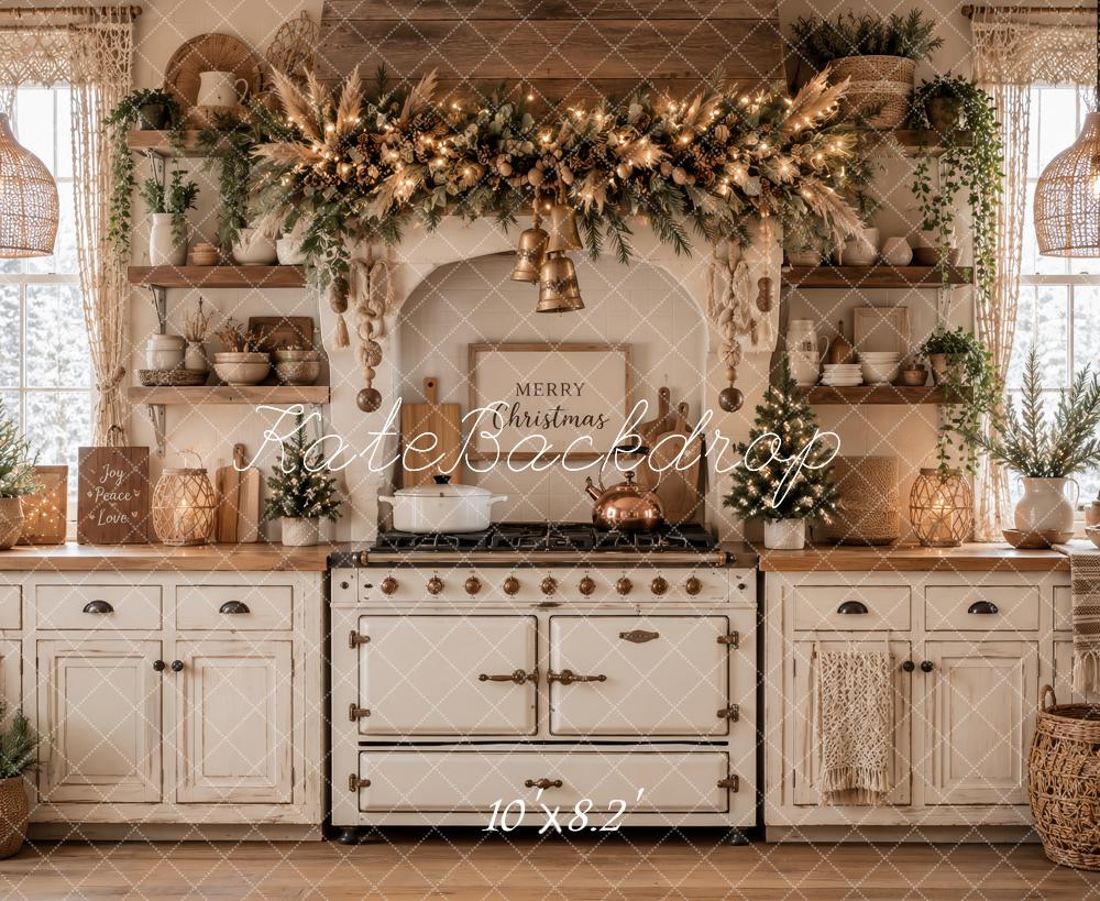 Kate Christmas Kitchen Boho Farmhouse Garland White Cabinet Printed Backdrop Designed by Ashley Paul