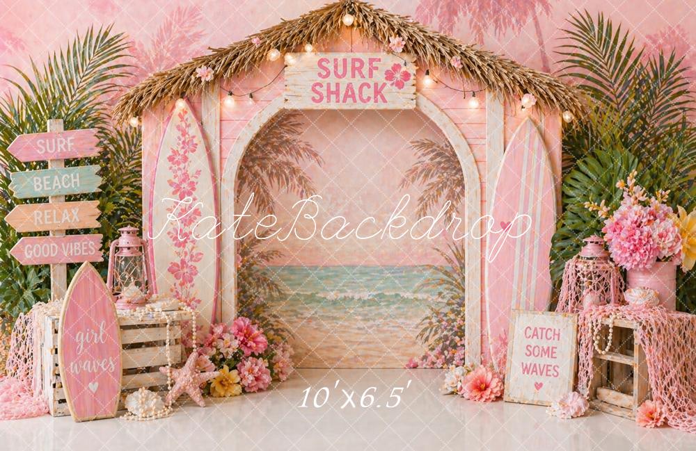 Kate Summer Beach Arch Pink Surfboards Flowers Printed Backdrop Designed by Caitlin Lynch