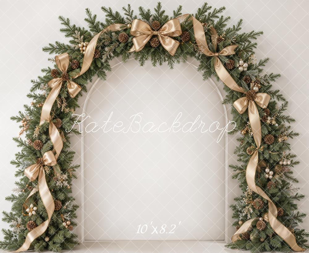 Kate Christmas Evergreen Garland Arch Champagne Ribbon Bows Printed Backdrop Designed by Emetselch