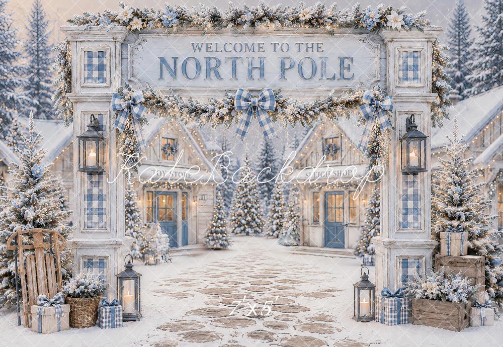 Kate Christmas North Pole Welcome Sign Snowy Village Printed Backdrop Designed by Ashley Paul