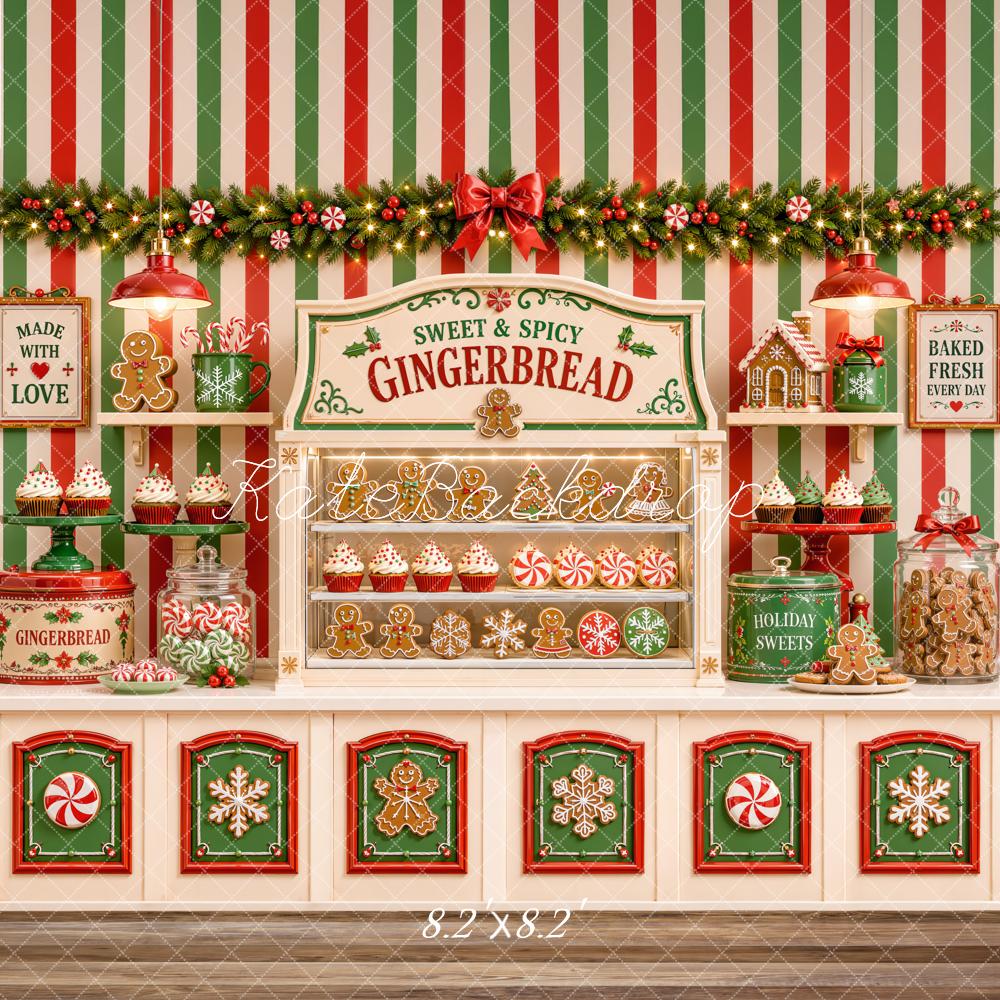 Kate Christmas Gingerbread Candy Shop Cookies Bakery Striped Printed Backdrop Designed by Emetselch