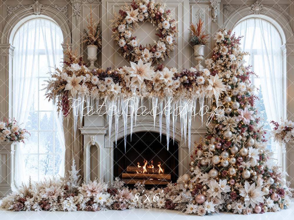 Kate Christmas Tree Poinsettia Frozen Fireplace Wreath Arch Printed Backdrop Designed by Mini MakeBelieve