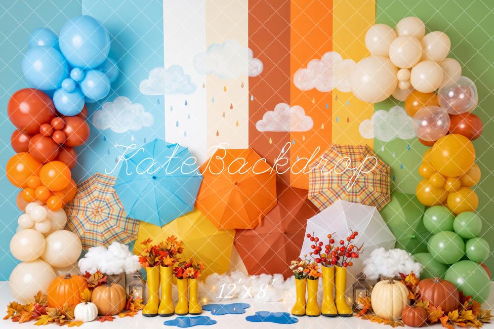 Kate Fall Birthday Rainbow Umbrellas Balloons Pumpkins Printed Backdrop Designed by Patty Roberts