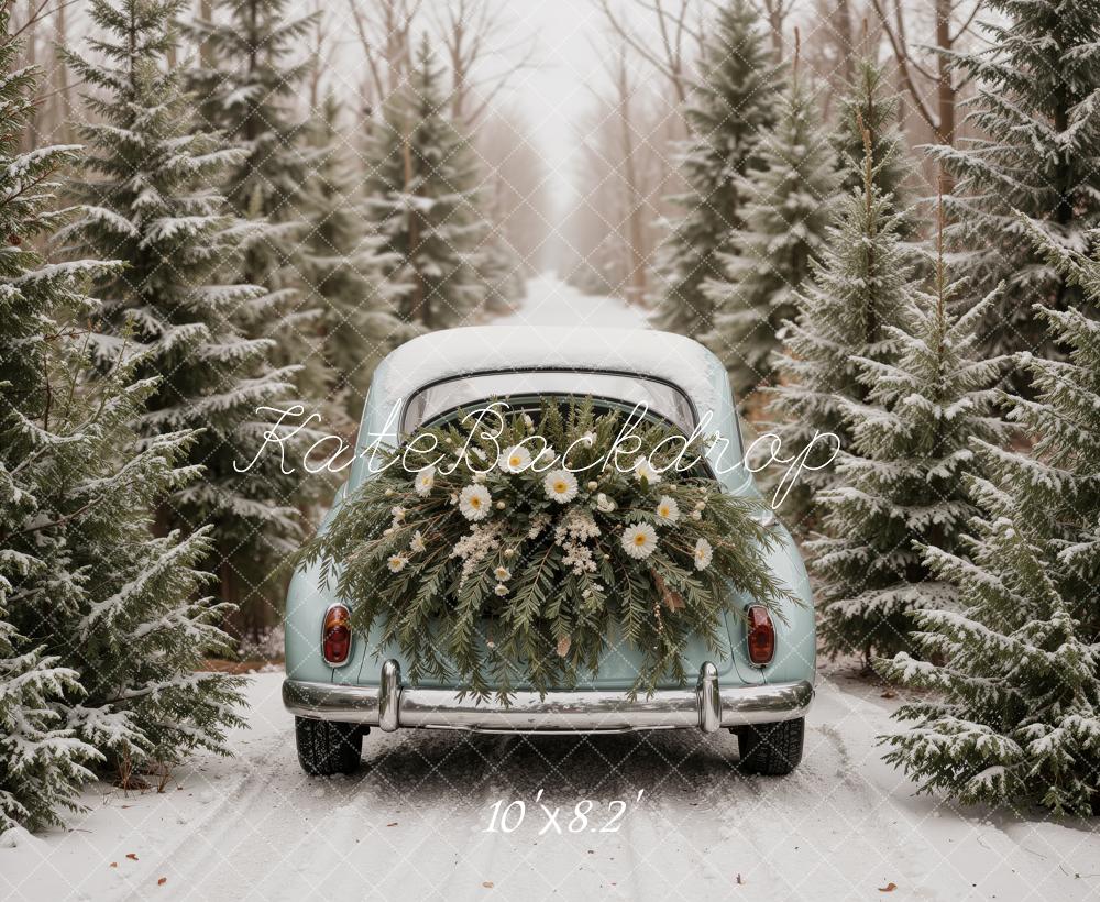 Kate Christmas Winter Vintage Car Evergreen Forest Flowers Snow Printed Backdrop Designed by Ashley Ward