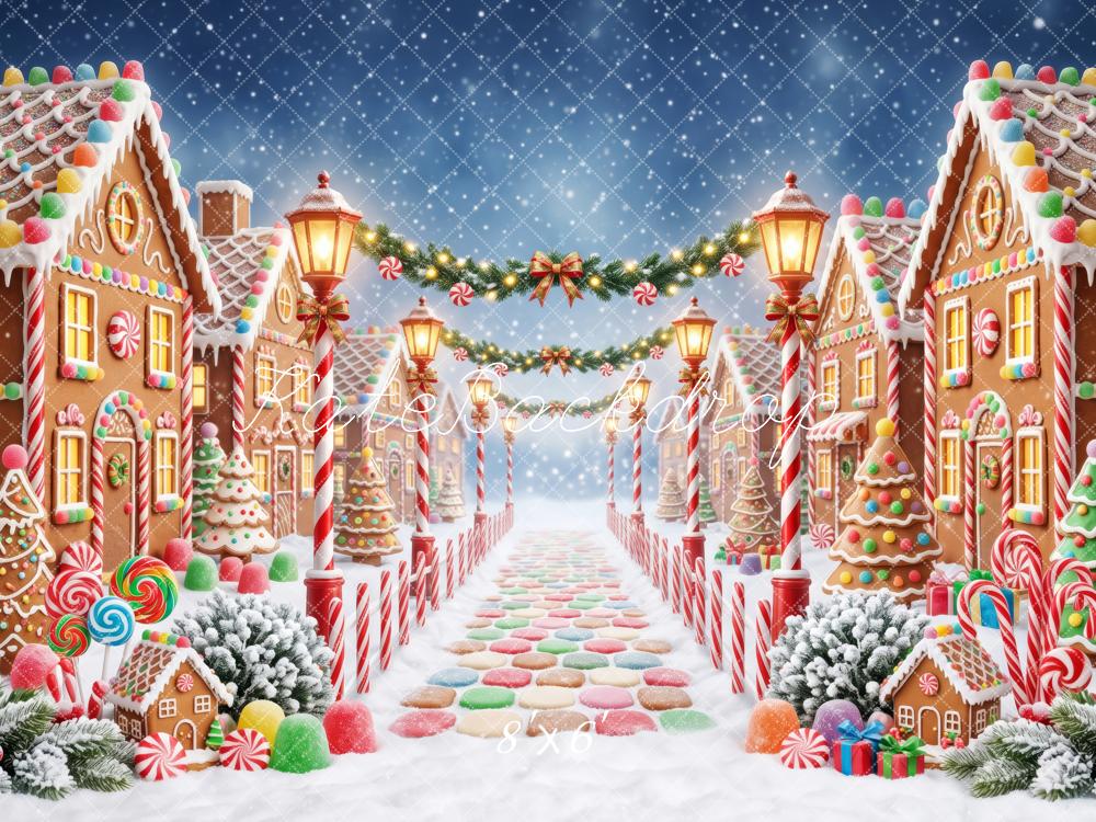 Kate Christmas Gingerbread Street Candy Village Snow Printed Backdrop Designed by Patty Roberts