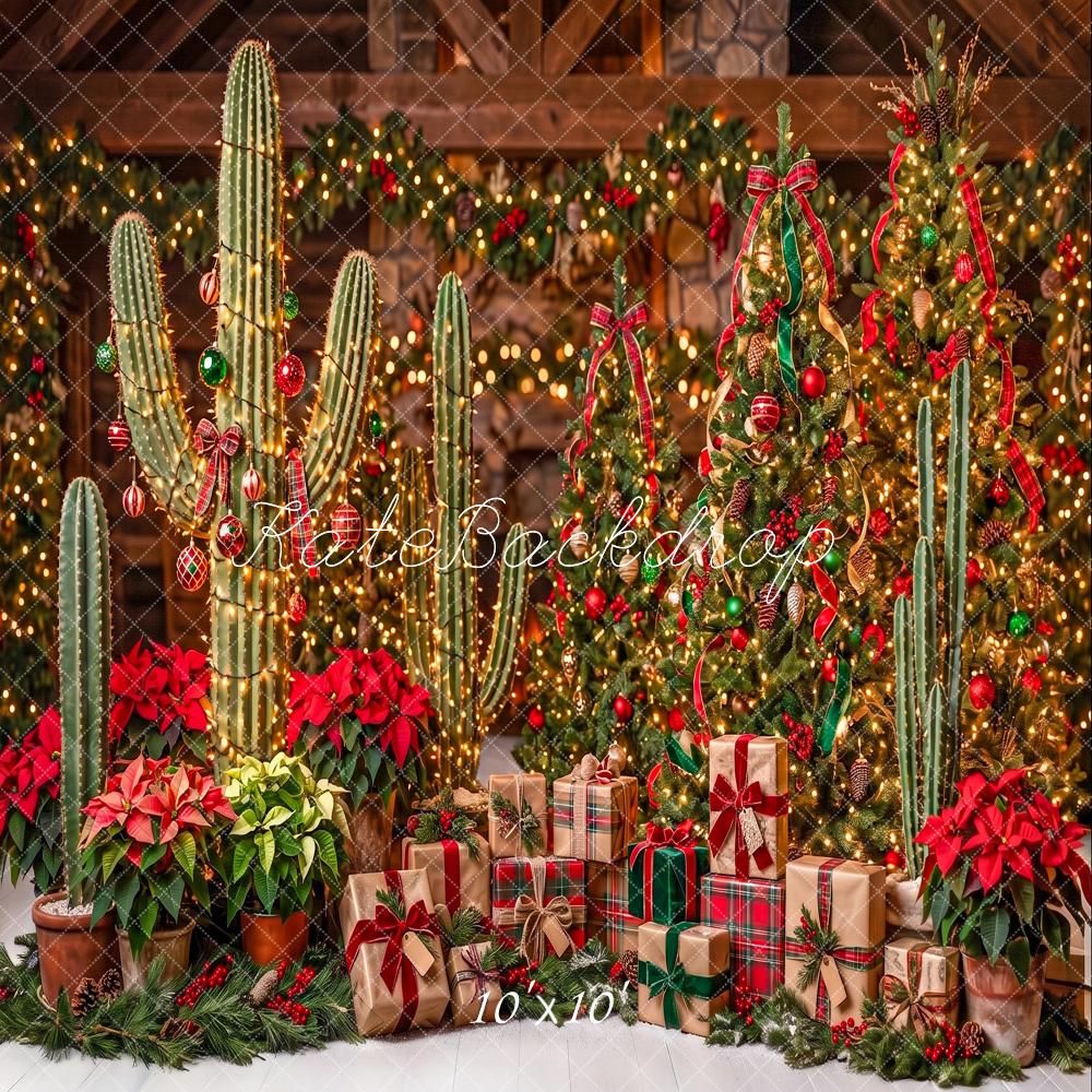 Kate Christmas Trees Cactus Poinsettias Gifts Printed Backdrop Designed by Angela Miller