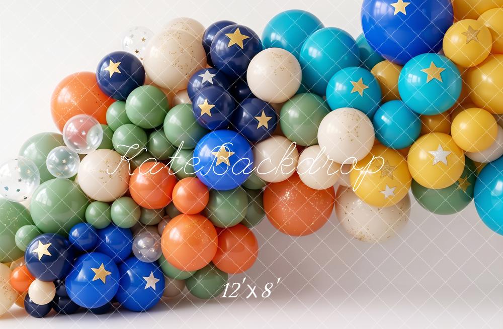 Kate Cake Smash Colorful Balloon Arch Star Decor Printed Backdrop Designed by Emetselch