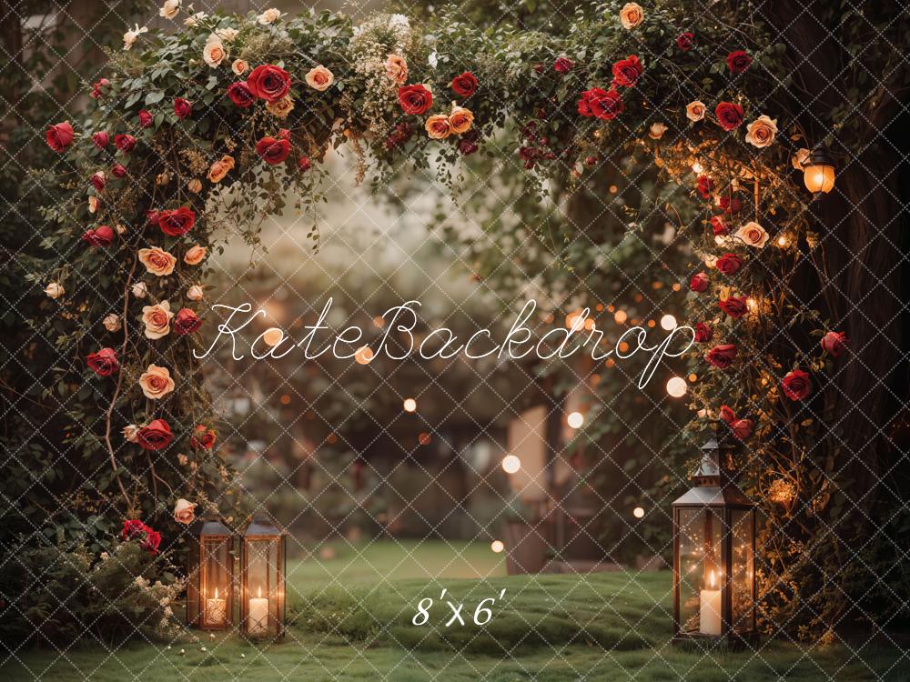 Fondo de jardín con arco de flores romántico de San Valentín diseñado por Emetselch