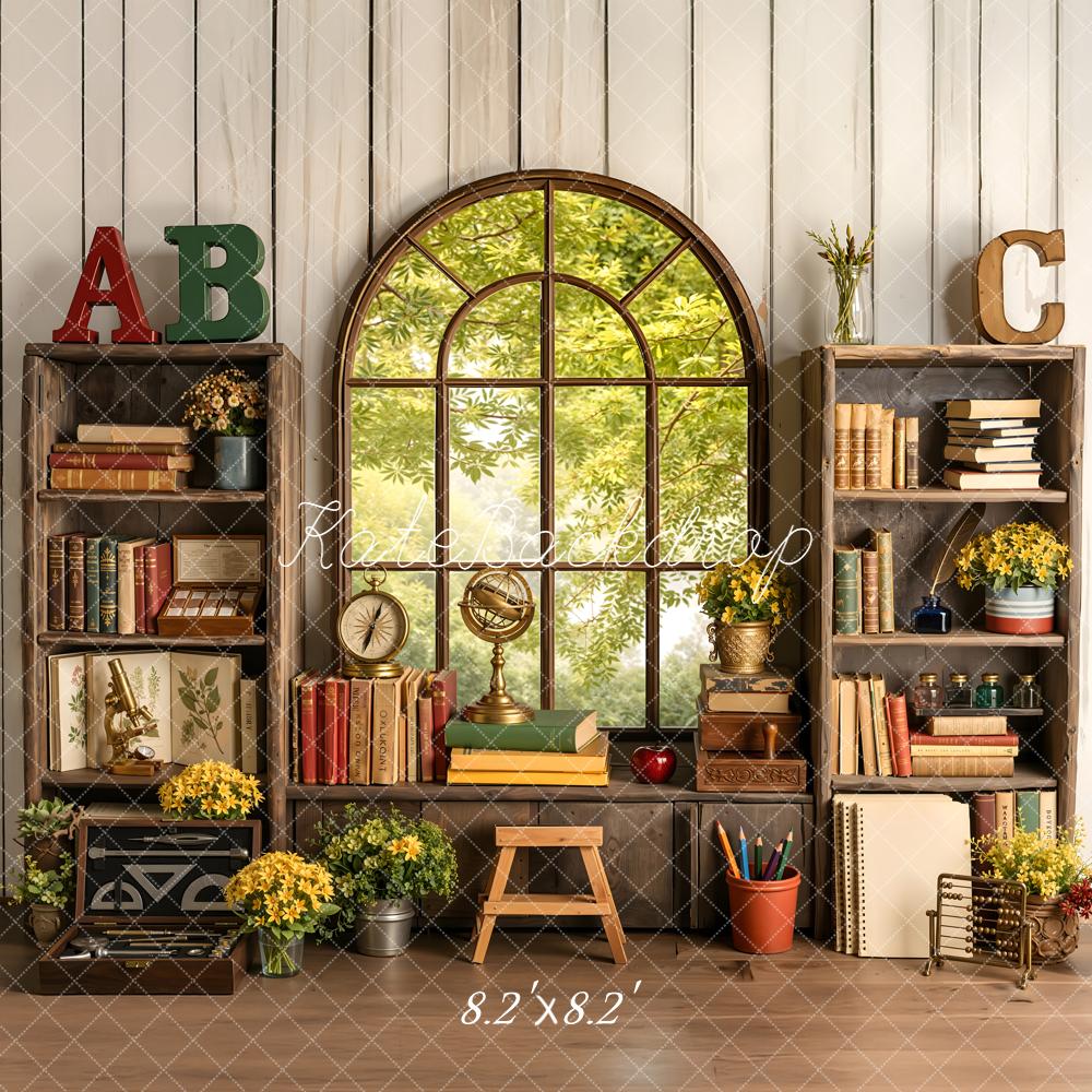Kate Back to School Bookshelves Window Books Flowers Printed Backdrop Designed by Emetselch