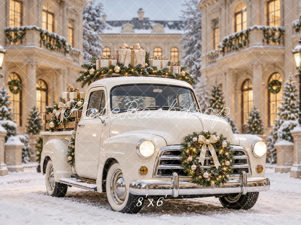 Kate Christmas Vintage Truck Gifts Snowy Courtyard Printed Backdrop Designed by Emetselch