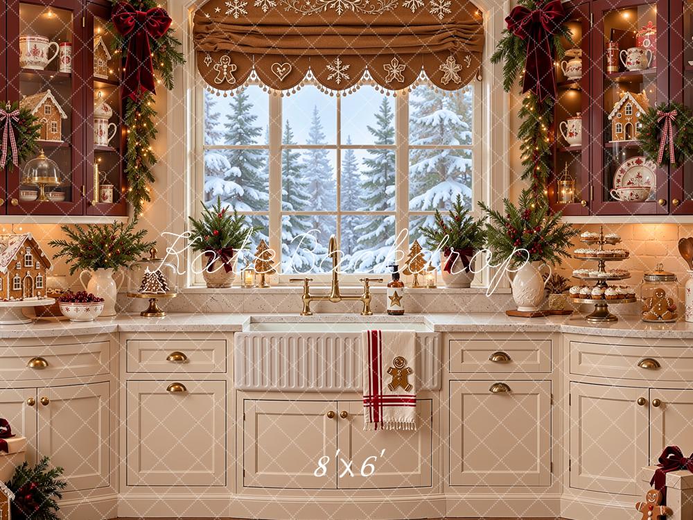 Kate Christmas Gingerbread Kitchen Window White Cabinet Printed Backdrop Designed by Shutter Swan Studios