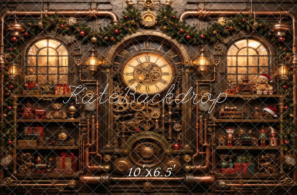 Kate Christmas Steampunk Clockwork Workshop Window Shelves Printed Backdrop Designed by Vertigo Productions