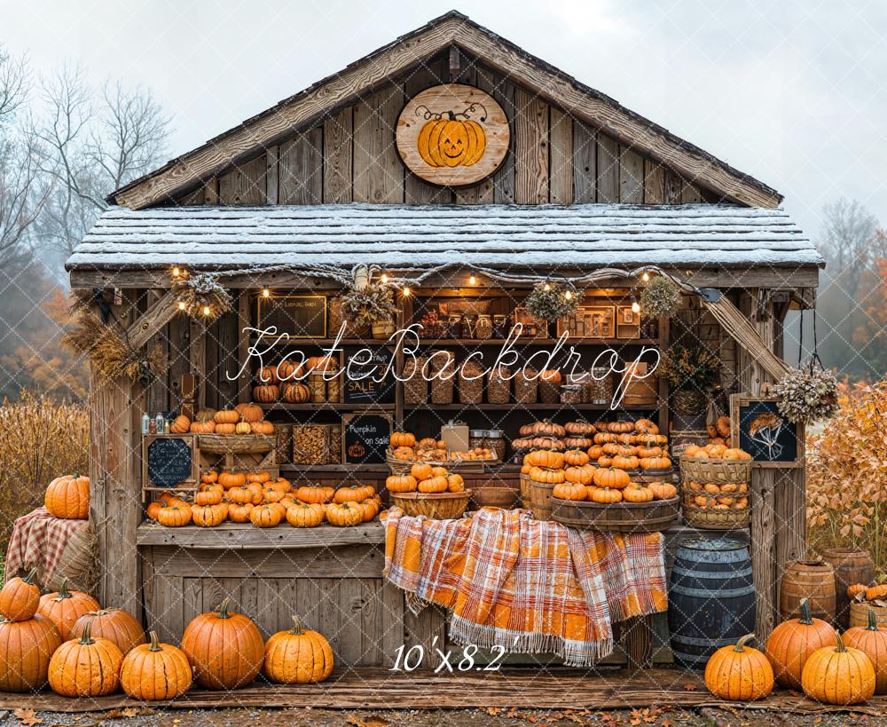 Kate Fall Pumpkins Harvest Farm Stand Rustic Wood Backdrop Designed by Emetselch