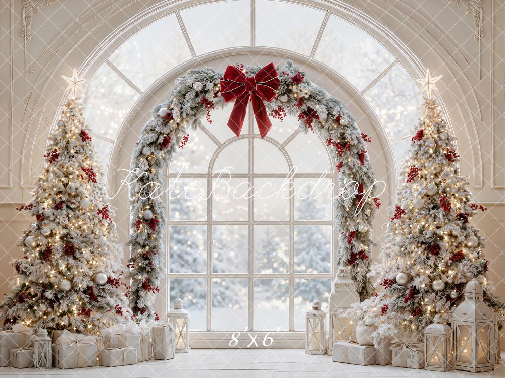 Kate Christmas Trees Arch Window Red Bow Snowy Printed Backdrop Designed by Emetselch