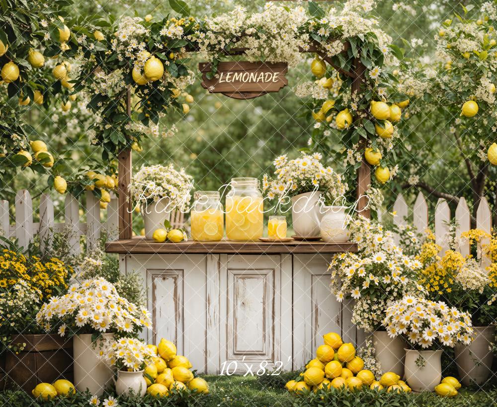Kate Summer Lemonade Stand Lemons White Flowers Garden Printed Backdrop Designed by Emetselch