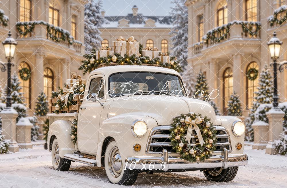 Kate Christmas Vintage Truck Gifts Snowy Courtyard Printed Backdrop Designed by Emetselch