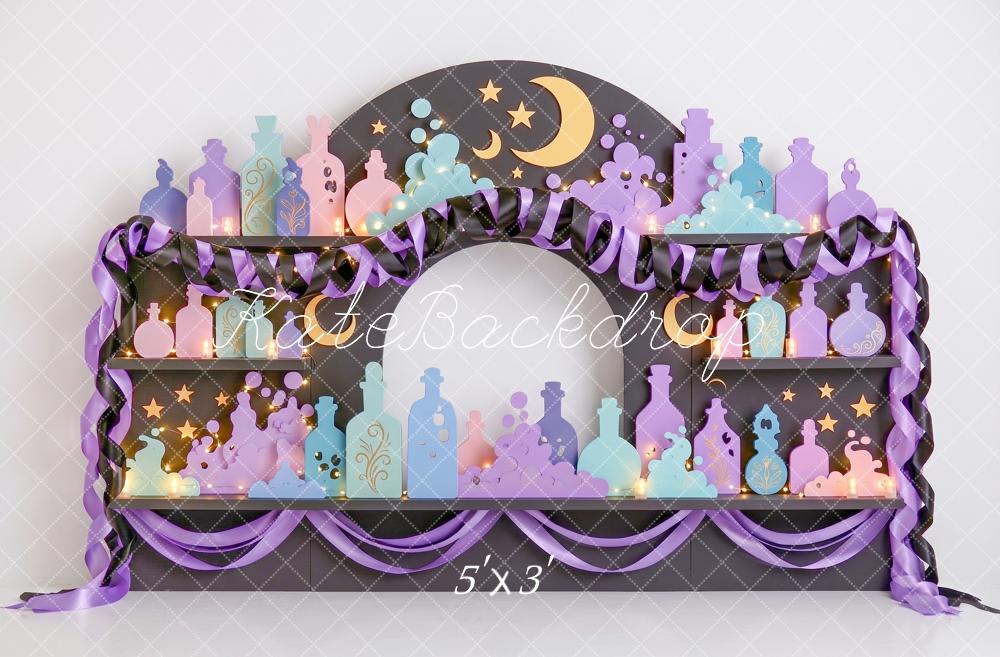 Kate Halloween Kids Layered Paper Potions Bottles Moon Stars Shelf Printed Backdrop Designed by Angela Miller