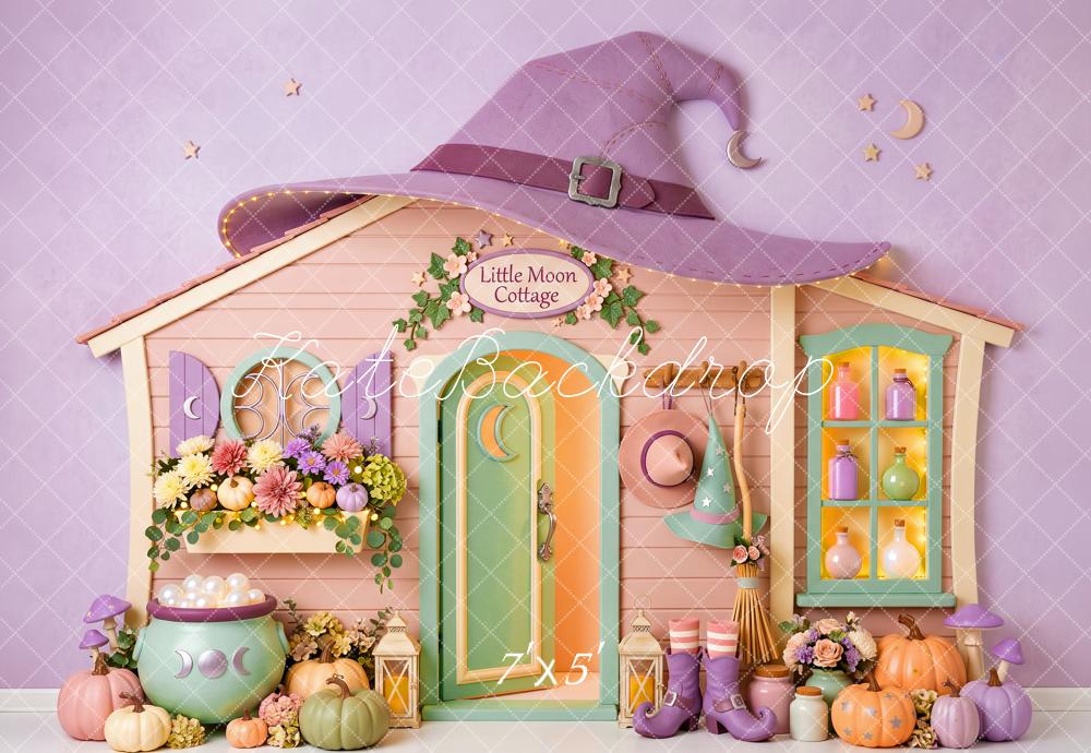 Kate Halloween Purple Witch Cottage Pumpkins Kids Printed Backdrop Designed by Patty Roberts