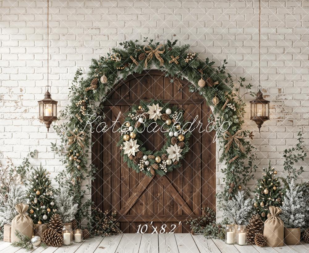 Kate Christmas Wooden Door Garland Wreath White Brick Printed Backdrop Designed by Emetselch