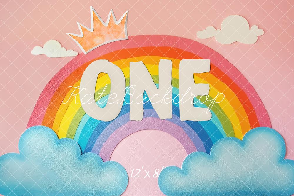 Kate 1st Birthday Rainbow One Crown Clouds Pink Printed Backdrop Designed by Laura Bybee