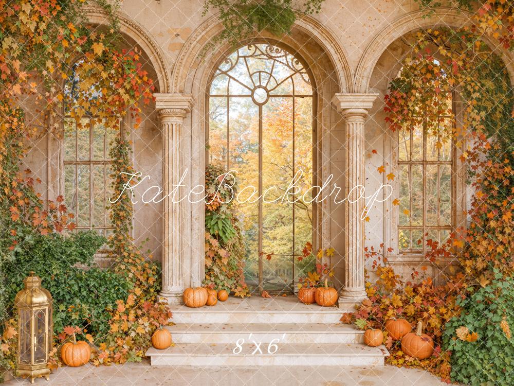 Fall Retro Arch Maple Leaves Pumpkin Backdrop Designed by Emetselch
