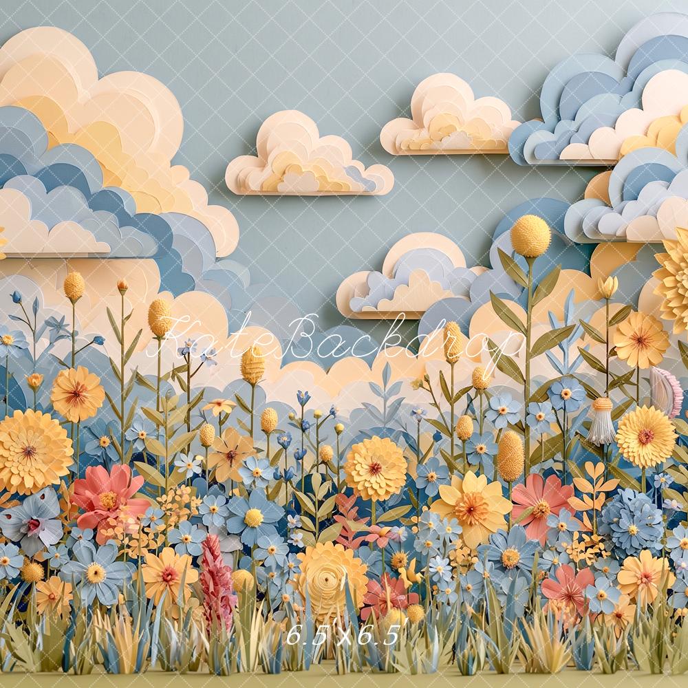 Kate Spring Kids Blue Yellow Paper Flower Meadow Clouds Printed Backdrop Designed by Angela Miller