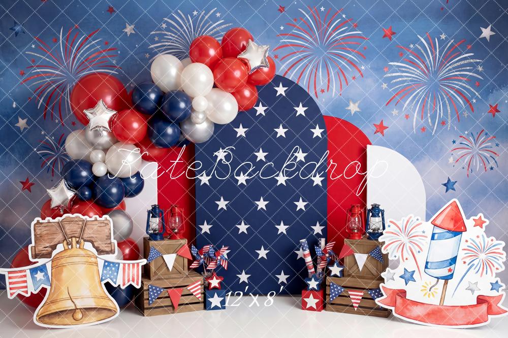 Kate Fourth Of July Fireworks Balloons Liberty Bell Rocket Stars Printed Backdrop Designed by Patty Roberts