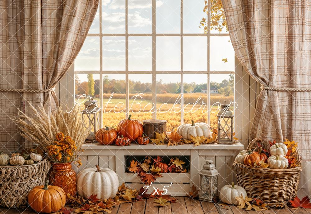 Kate Fall Pumpkin Window Rustic Plaid Curtain Field Printed Backdrop Designed by Emetselch
