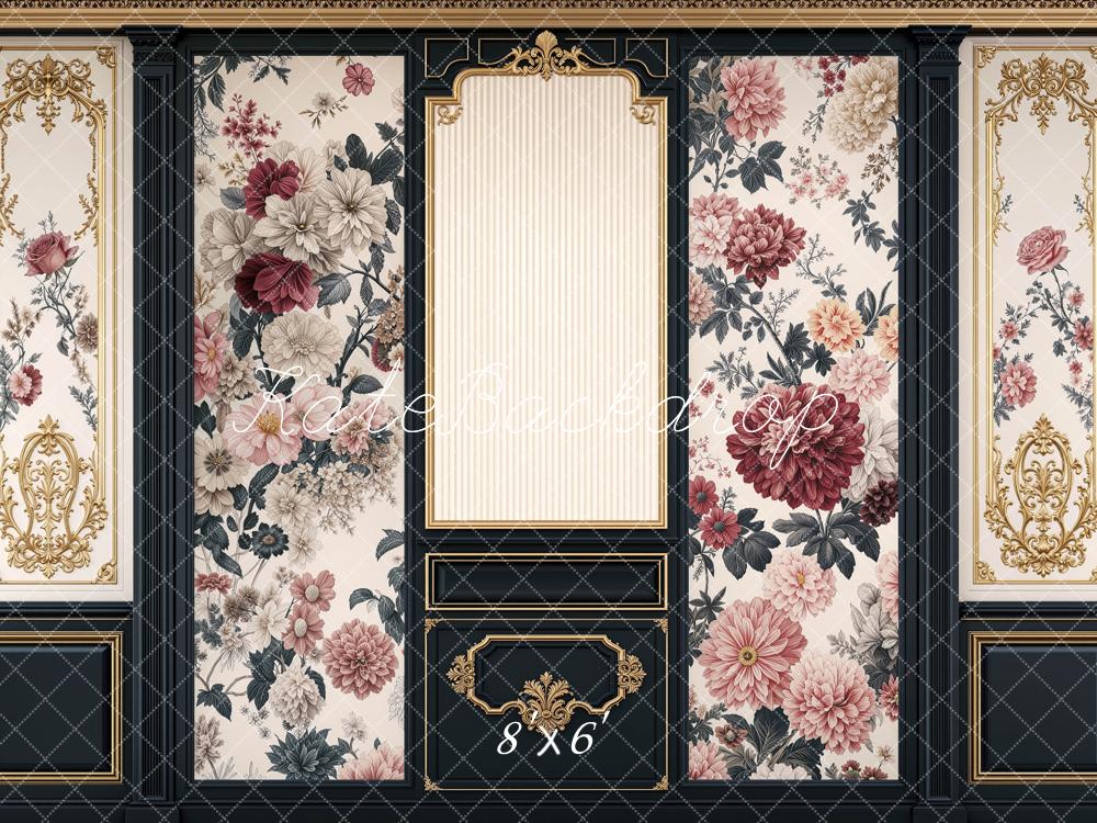Kate Retro Ornate Black Gold Floral Wall Printed Backdrop Designed by Mini MakeBelieve