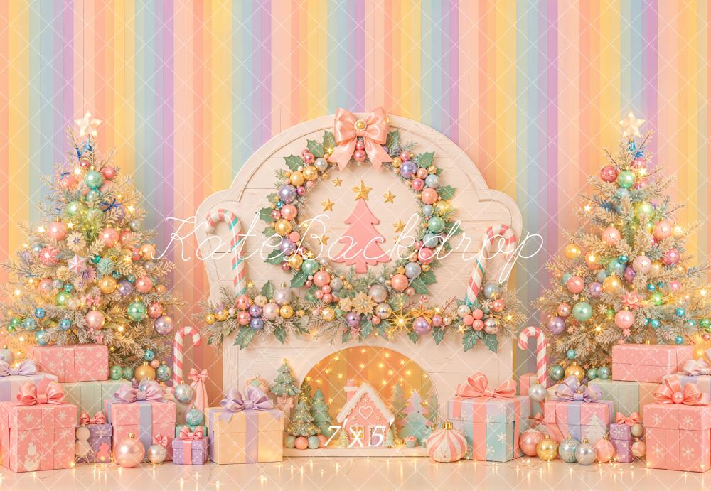 Kate Christmas Pastel Fireplace Christmas Tree Gifts Bow Printed Backdrop Designed by Emetselch