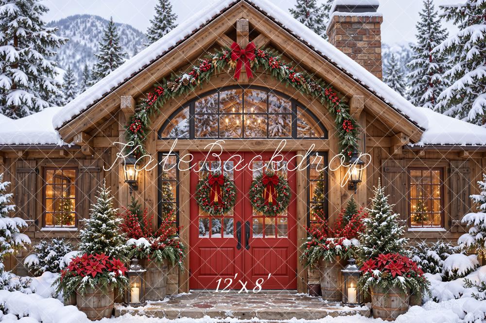 Kate Christmas Snowy Mountain Cabin Wreaths Woodland Printed Backdrop Designed by Emetselch