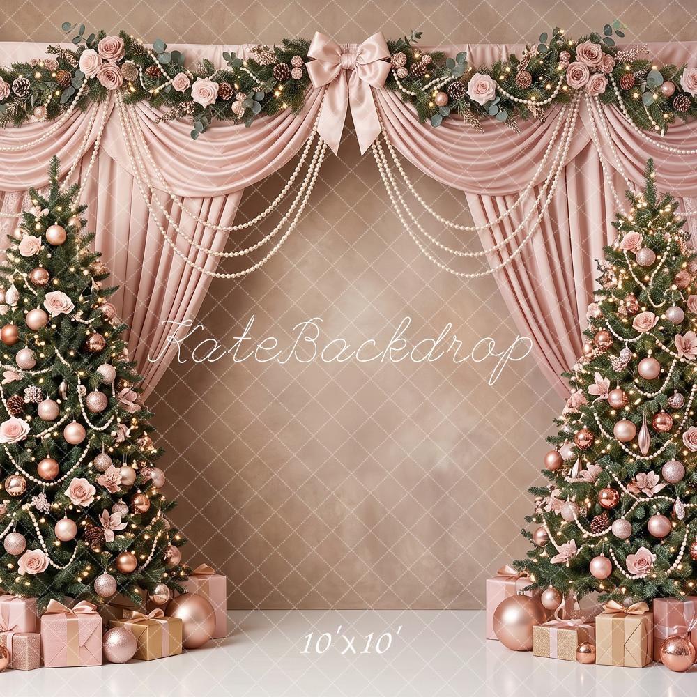Kate Christmas Trees Pink Drapes Pearl Swags Floral Printed Backdrop Designed by Angela Miller