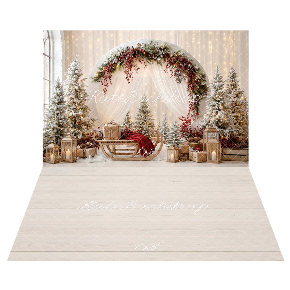 Kate Christmas Circle Arch Drapes Sleigh Trees Lanterns Printed Backdrop+Beige Wood Plank Floor Printed Backdrop
