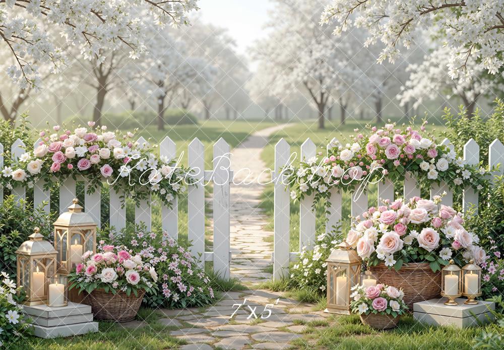 Kate Spring White Picket Fence Pink Flowers Lanterns Garden Path Backdrop Designed by Mini MakeBelieve
