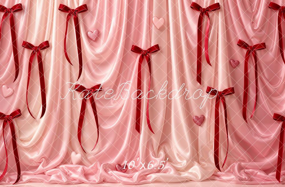 Kate Valentine's Day Pink Satin Drapes Ribbons Hearts Printed Backdrop Designed by Emetselch