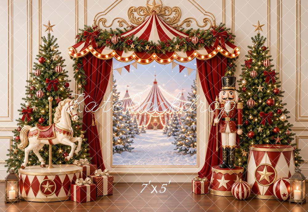 Kate Christmas Circus Carousel Trees Nutcracker Red Curtains Printed Backdrop Designed by Emetselch