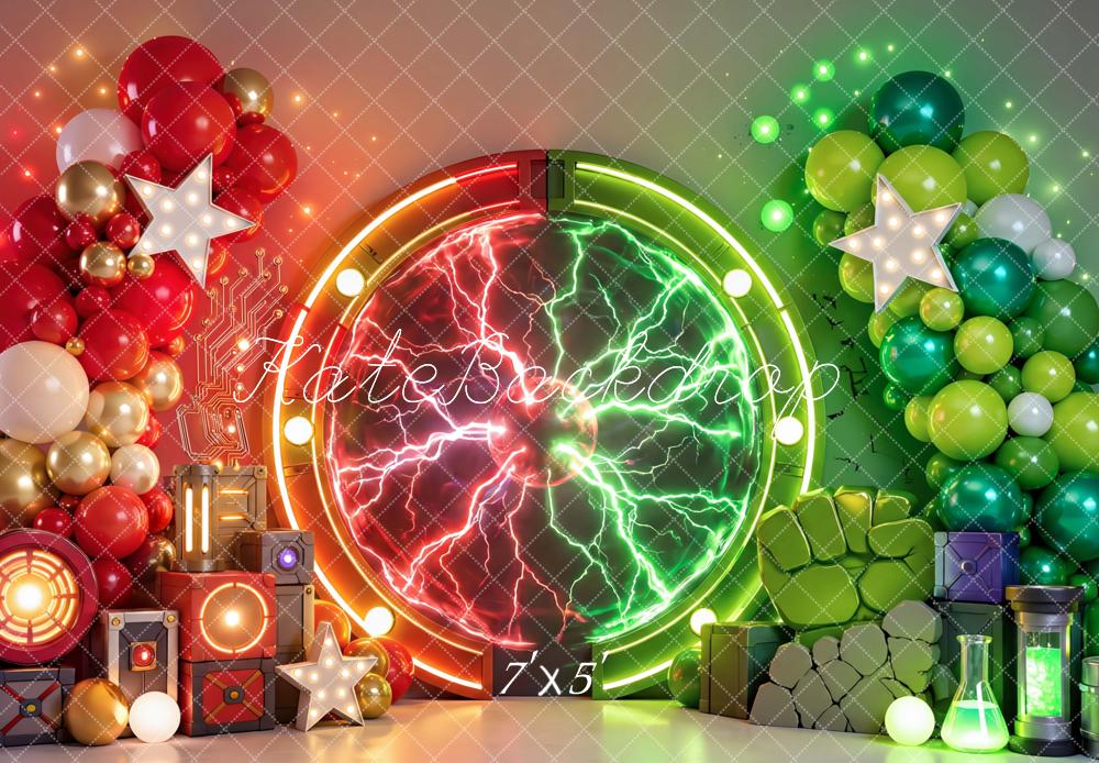 Kate Cake Smash Superhero Portal Electric Balloons Science Printed Backdrop Designed by Mini MakeBelieve