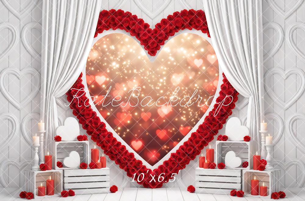 Kate Red Heart Roses White Curtains Candles Backdrop Designed by Mini MakeBelieve