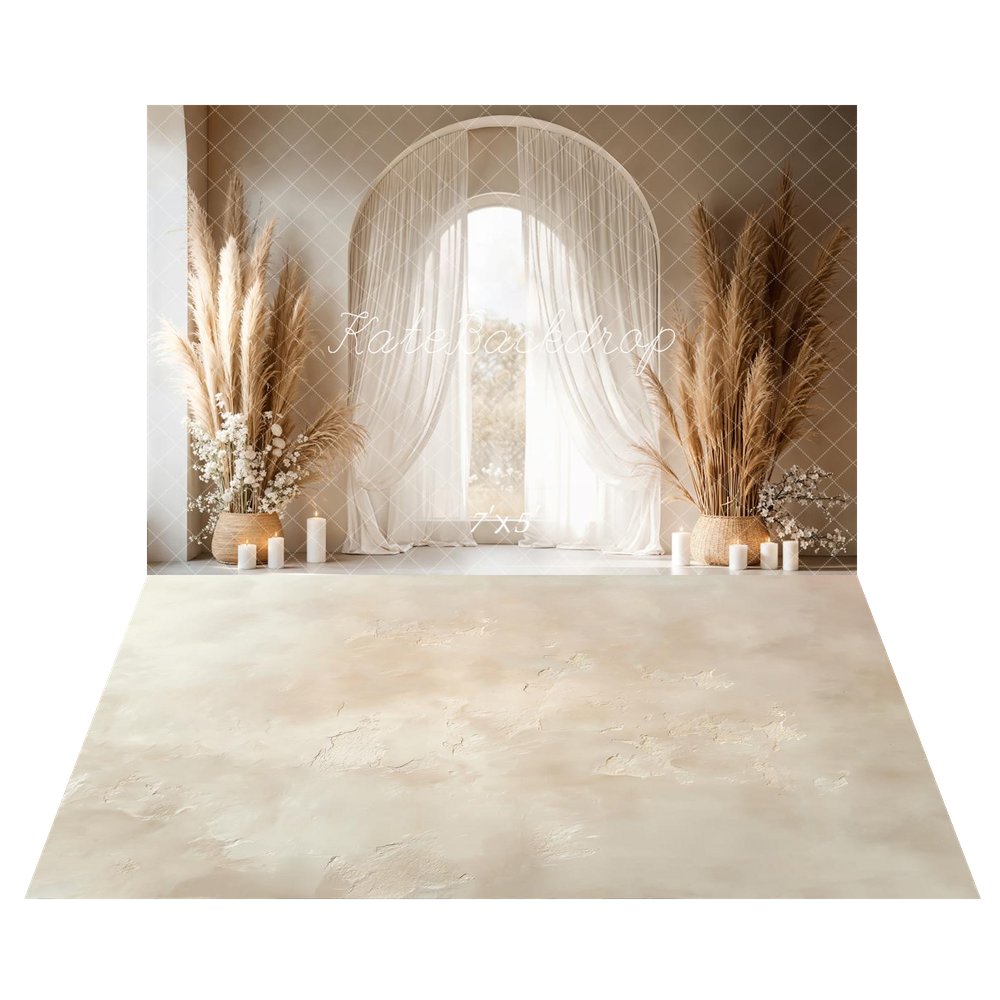 Kate Mother's Day Boho Arch Window Pampas Grass Candles Printed Backdrop+Beige Abstract Texture Printed Floor Backdrop