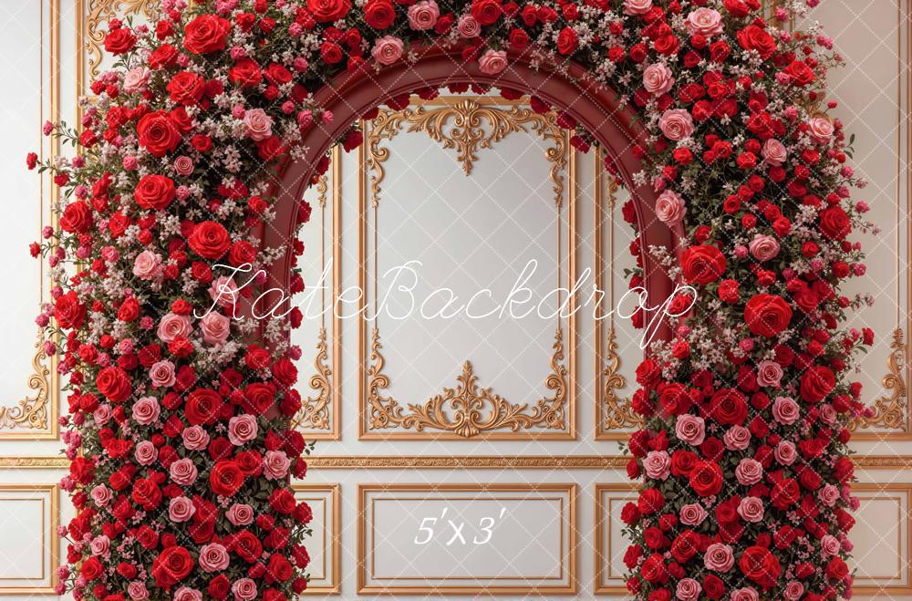 Kate Valentines Flower Arch Red Roses Gold Ornate Wall Backdrop Designed by Mini MakeBelieve