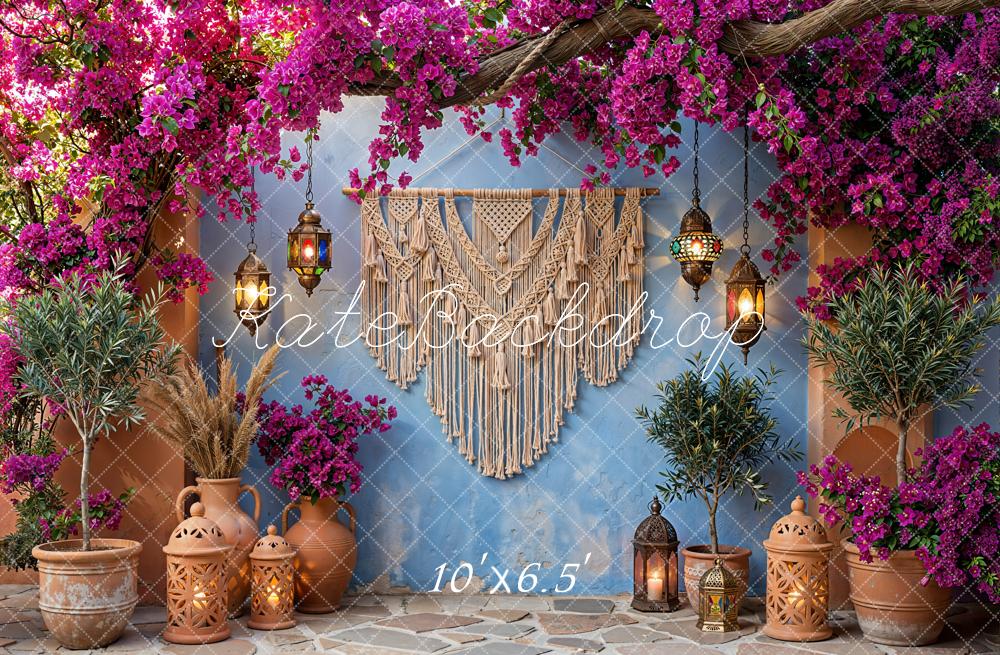 Kate Boho Macrame Pink Flower Arch Lanterns Blue Wall Backdrop Designed by Emetselch