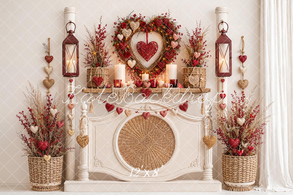Kate Valentine's Day Headboard Heart Wreath Lanterns Mantel Flowers Printed Backdrop Designed by Emetselch
