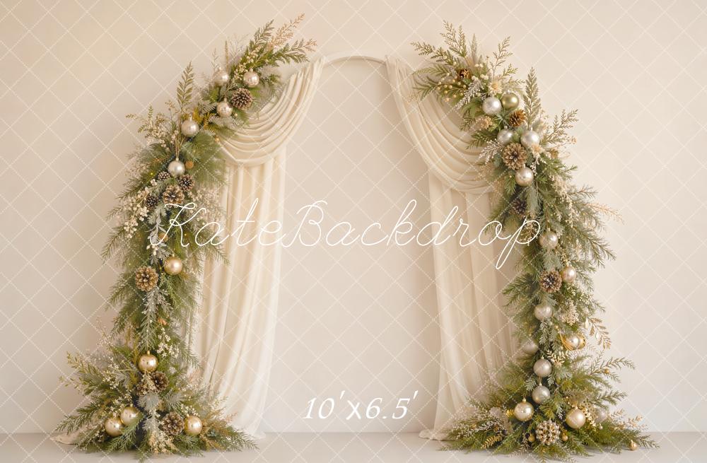 Kate Christmas Flower Arch Pine Cone Ornaments Cream Drapes Printed Backdrop Designed by Emetselch