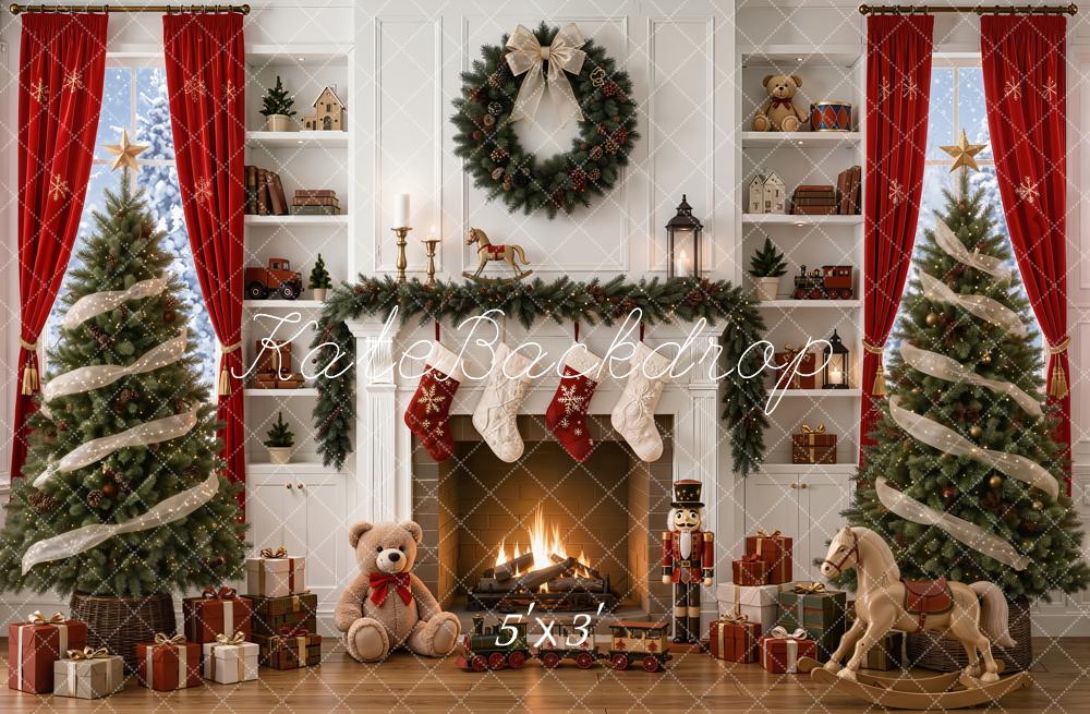 Kate Christmas Fireplace Christmas Tree Presents Rocking Horse Nutcracker Printed Backdrop Designed by Emetselch