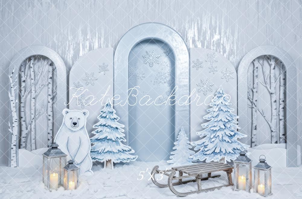 Kate Winter Cake Smash Polar Bear Snowy Trees Sled Printed Backdrop Designed by Patty Roberts