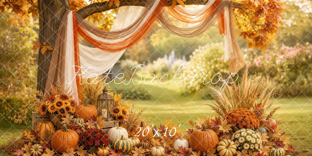 Kate Fall Branch Arch Drapes Pumpkin Floral Outdoor Printed Backdrop Designed by Emetselch