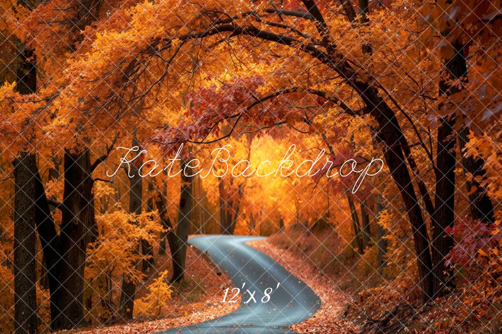 Kate Fall Forest Winding Road Orange Leaves Printed Backdrop Designed by Mini MakeBelieve